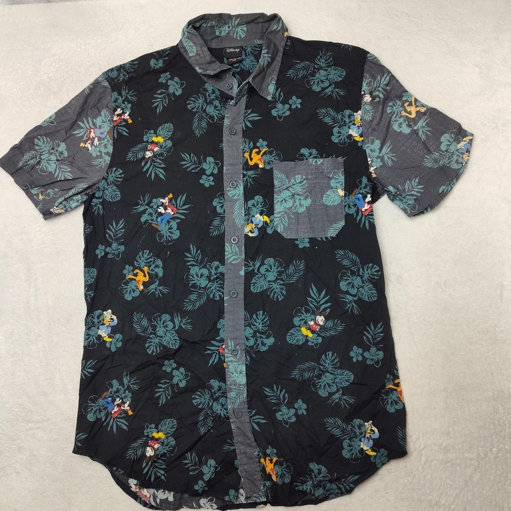 Disney Shirt‎ Mens S Black Mickey Pluto Donald Floral Hawaiian Button Up Cruise
